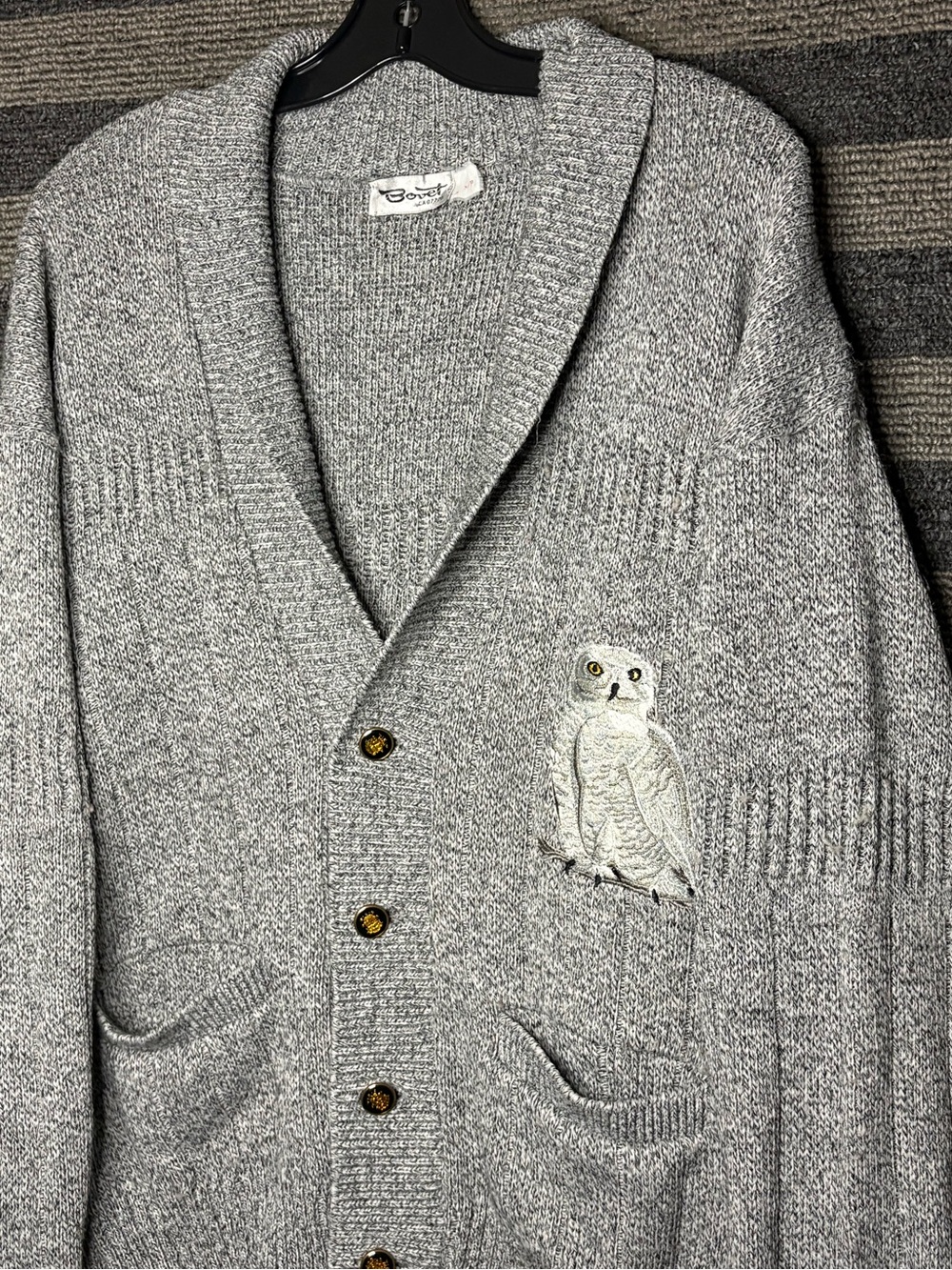 Vintage 90’s Bovet Grey Wool Blend Cardigan with Owl Patch Men’s Medium EUC - Picture 2 of 6